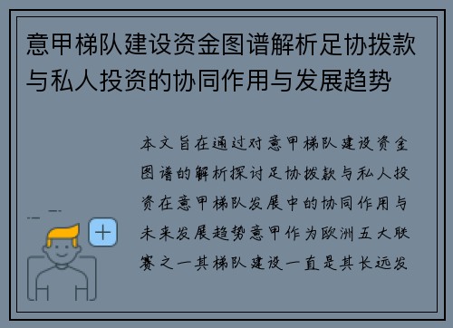 意甲梯队建设资金图谱解析足协拨款与私人投资的协同作用与发展趋势